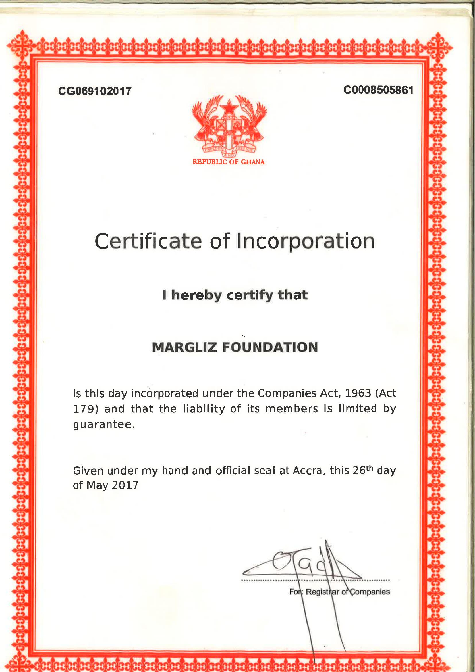 Margliz Foundation Certificate of Incorporation