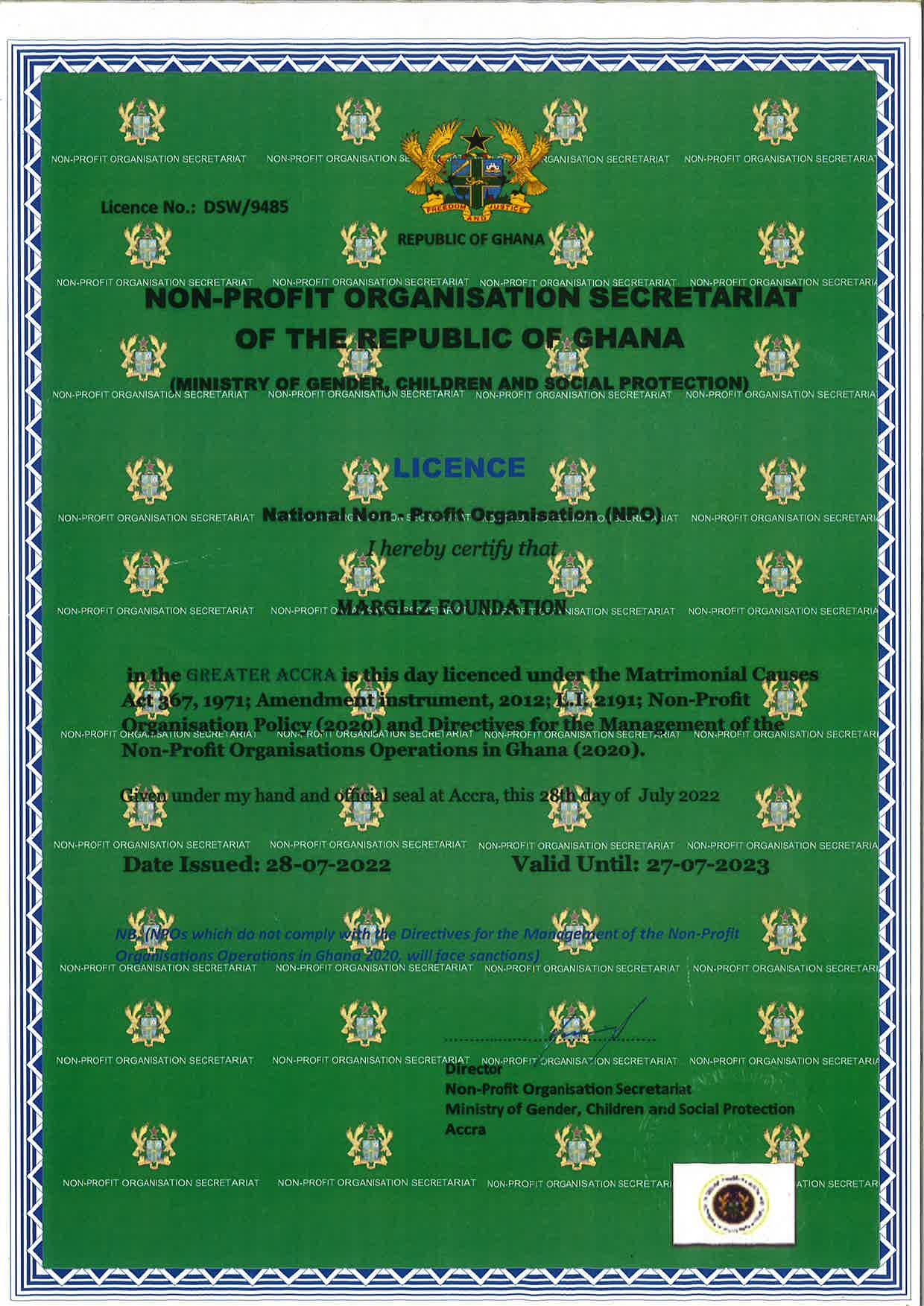 Margliz Foundation Non-Profit Organisation Licence
